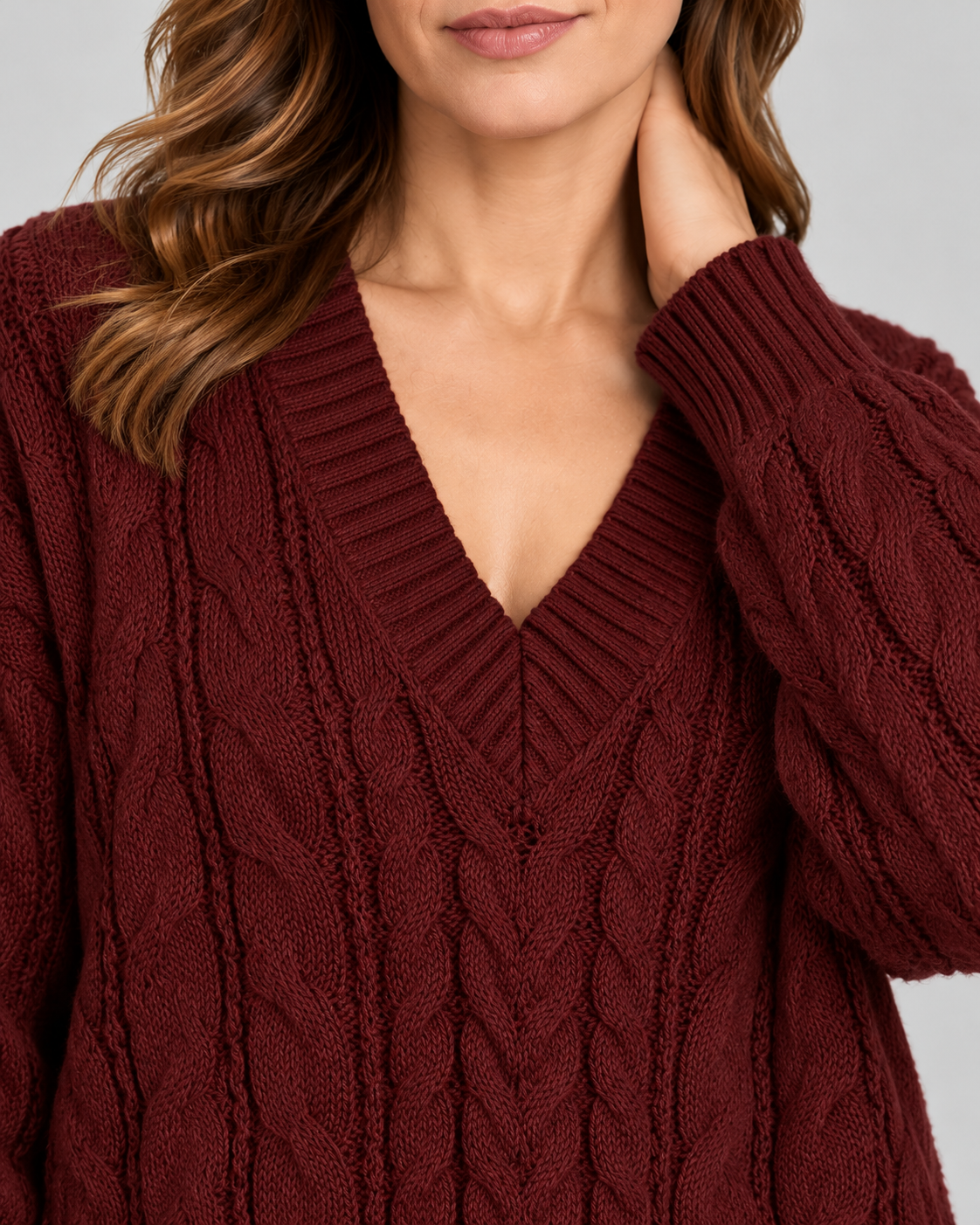 red 04 detail cable knit V-neck jumper
