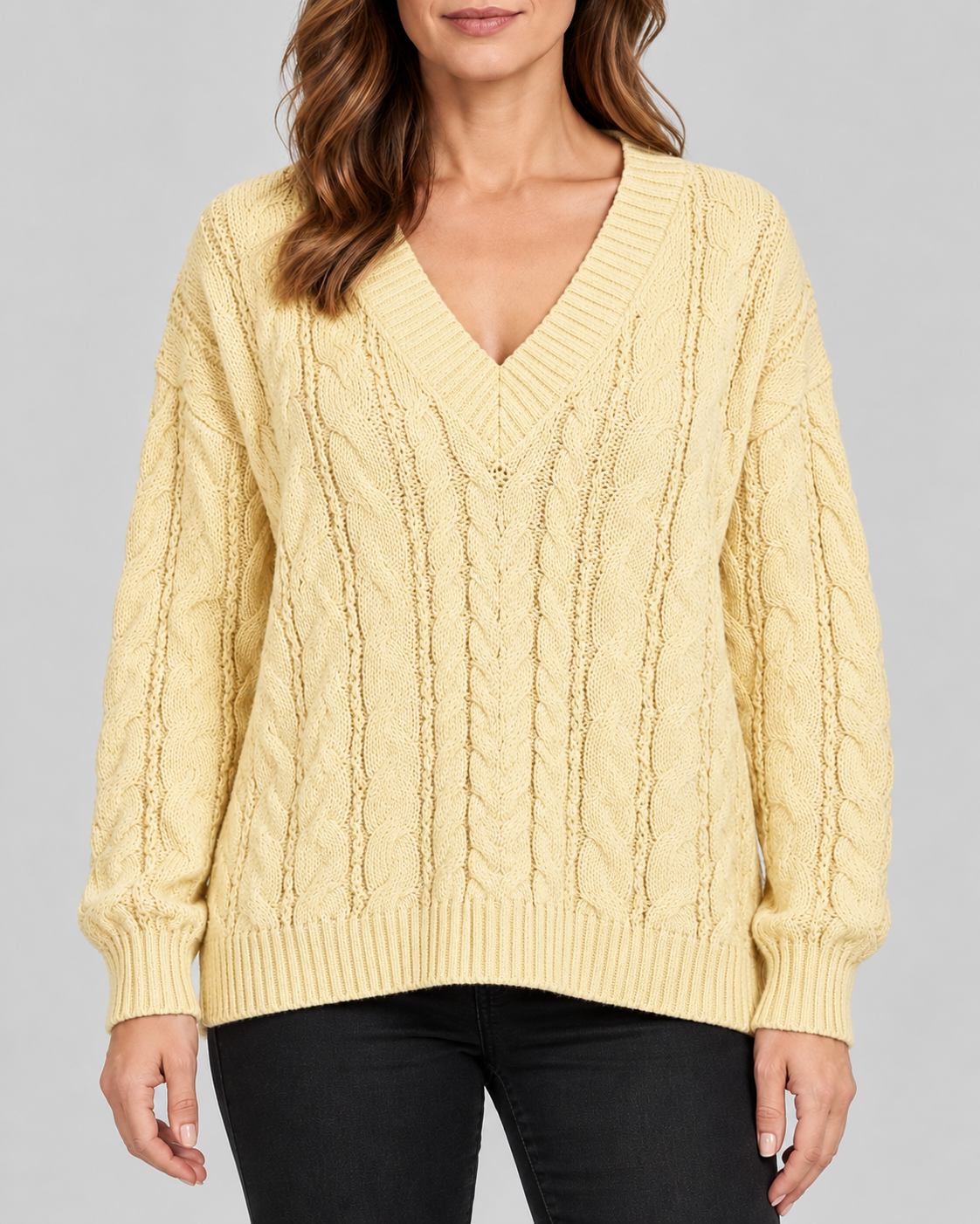 yellow 01 front cable knit V-neck jumper