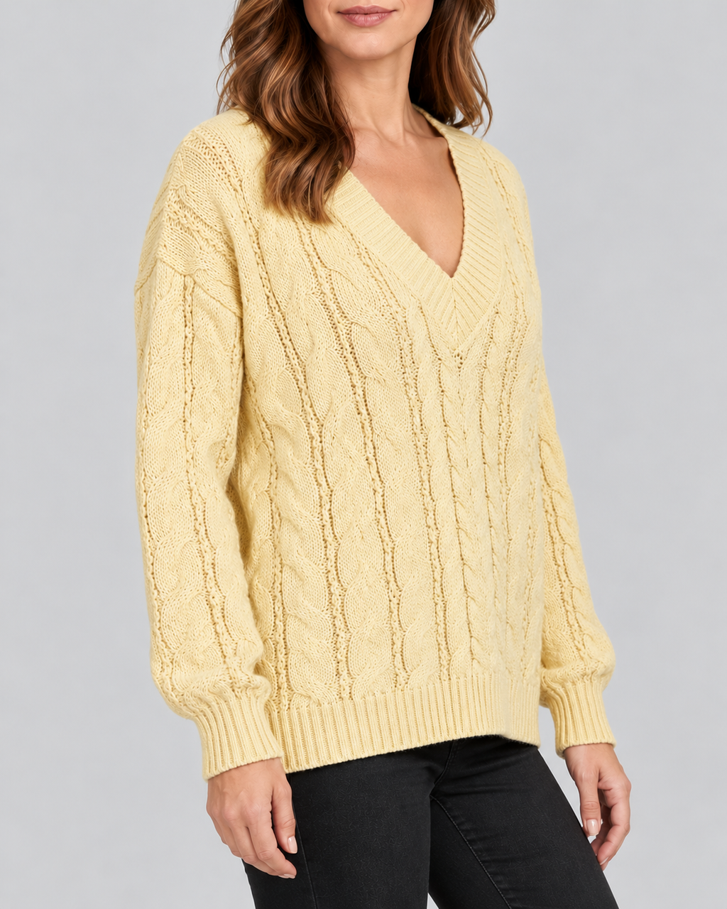 yellow 02 three-quarter cable knit V-neck jumper