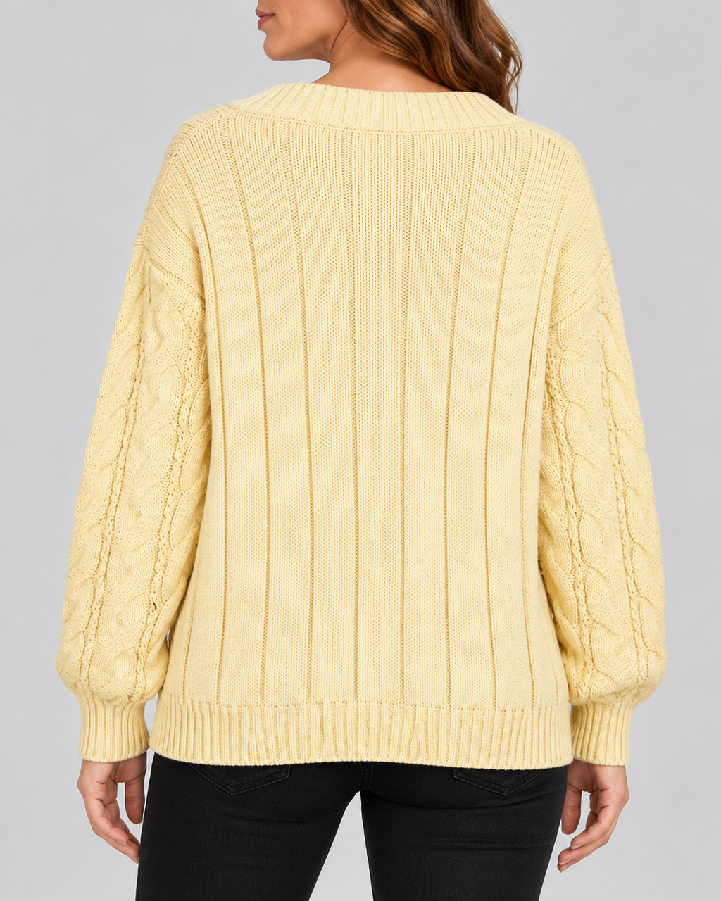 yellow 03 back cable knit V-neck jumper