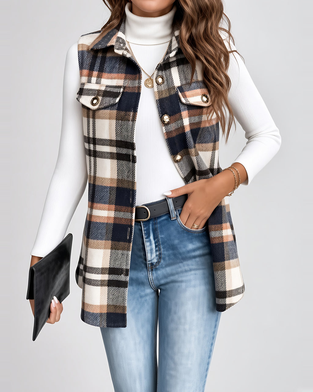 Women's Checked Longline Waistcoat – front open view
