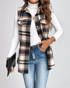 Women's Checked Longline Waistcoat – front open view