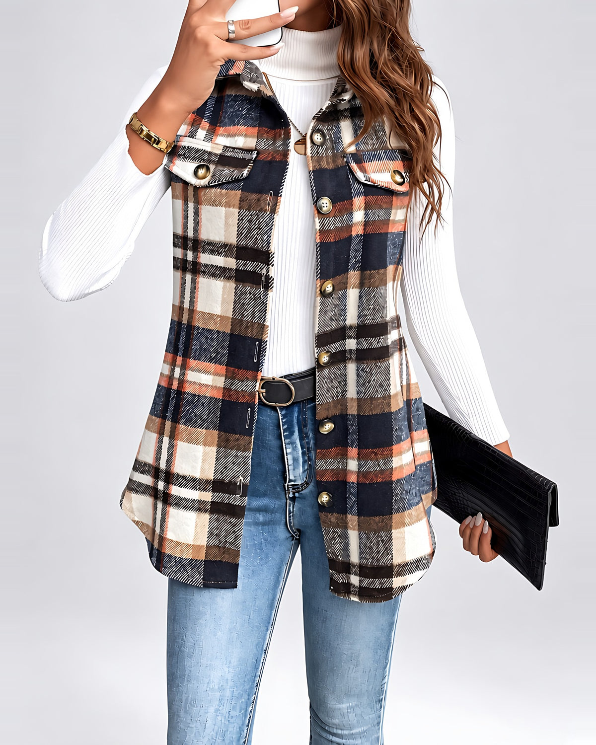 Women's Checked Longline Waistcoat – front view