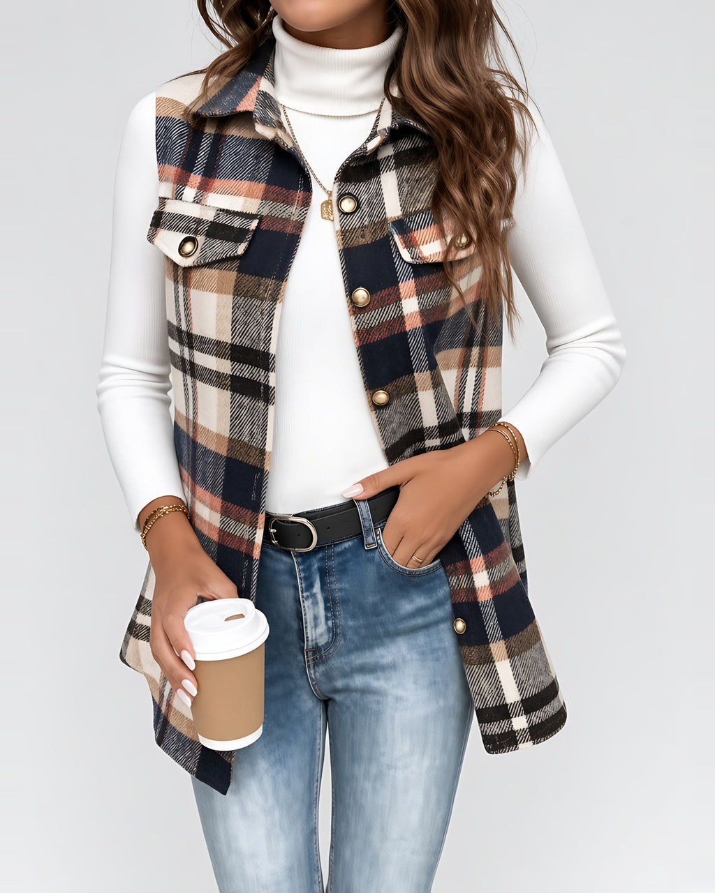 Women's Checked Longline Waistcoat – three-quarter view
