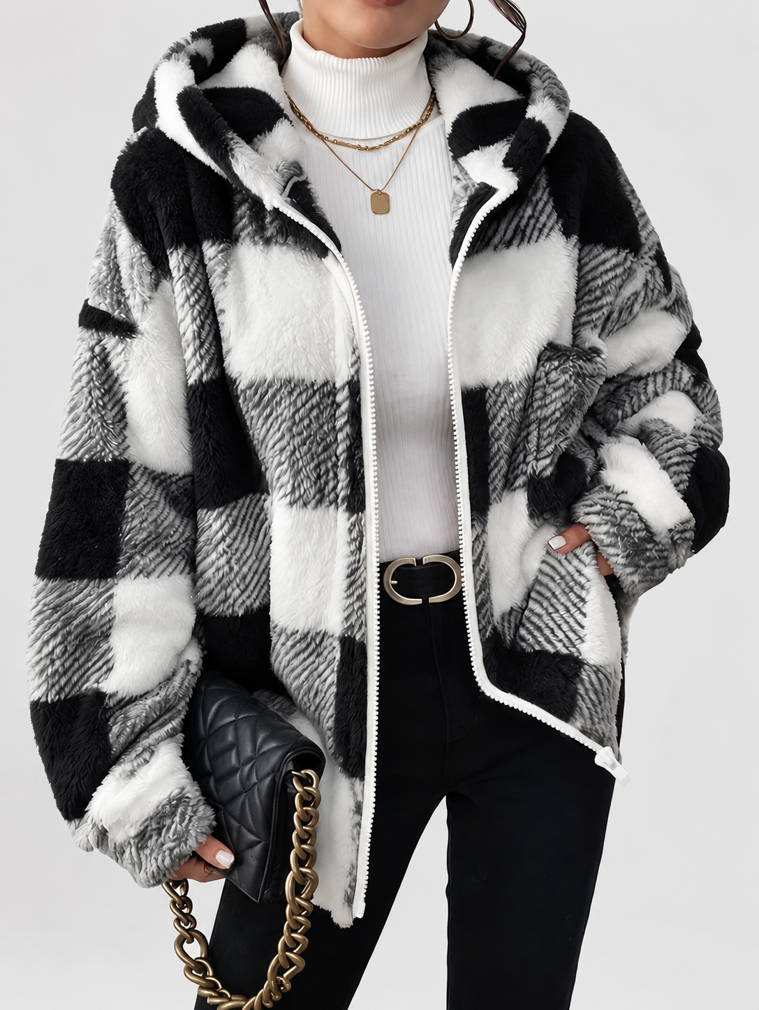 Women's Checked Teddy Fleece Hooded Jacket with Zip Front in Black – Front View