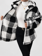 Women's Checked Teddy Fleece Hooded Jacket with Zip Front in Black – Front View 2