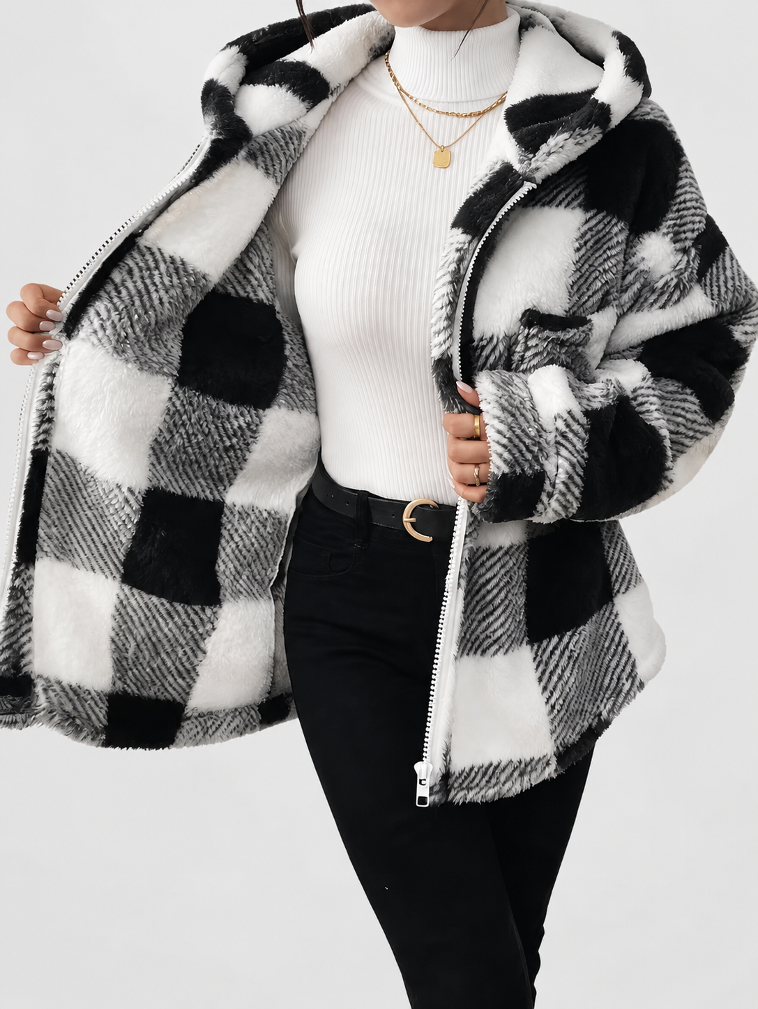 Women's Checked Teddy Fleece Hooded Jacket with Zip Front in Black – Front View 2