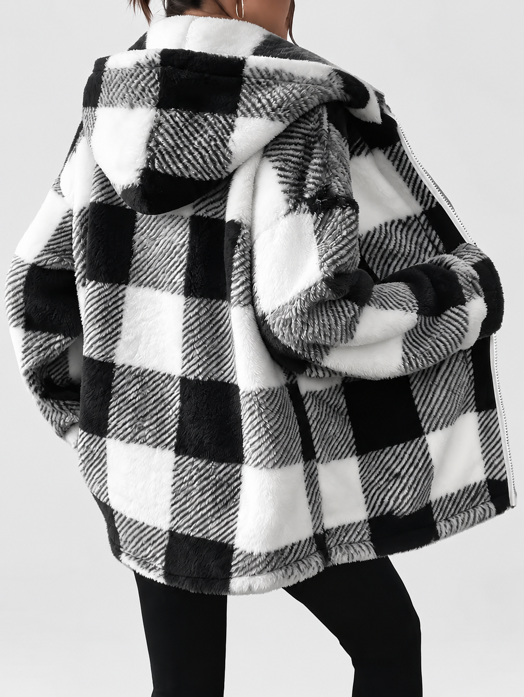 Women's Checked Teddy Fleece Hooded Jacket with Zip Front in Black – Back View