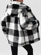 Women's Checked Teddy Fleece Hooded Jacket with Zip Front in Black – Back View