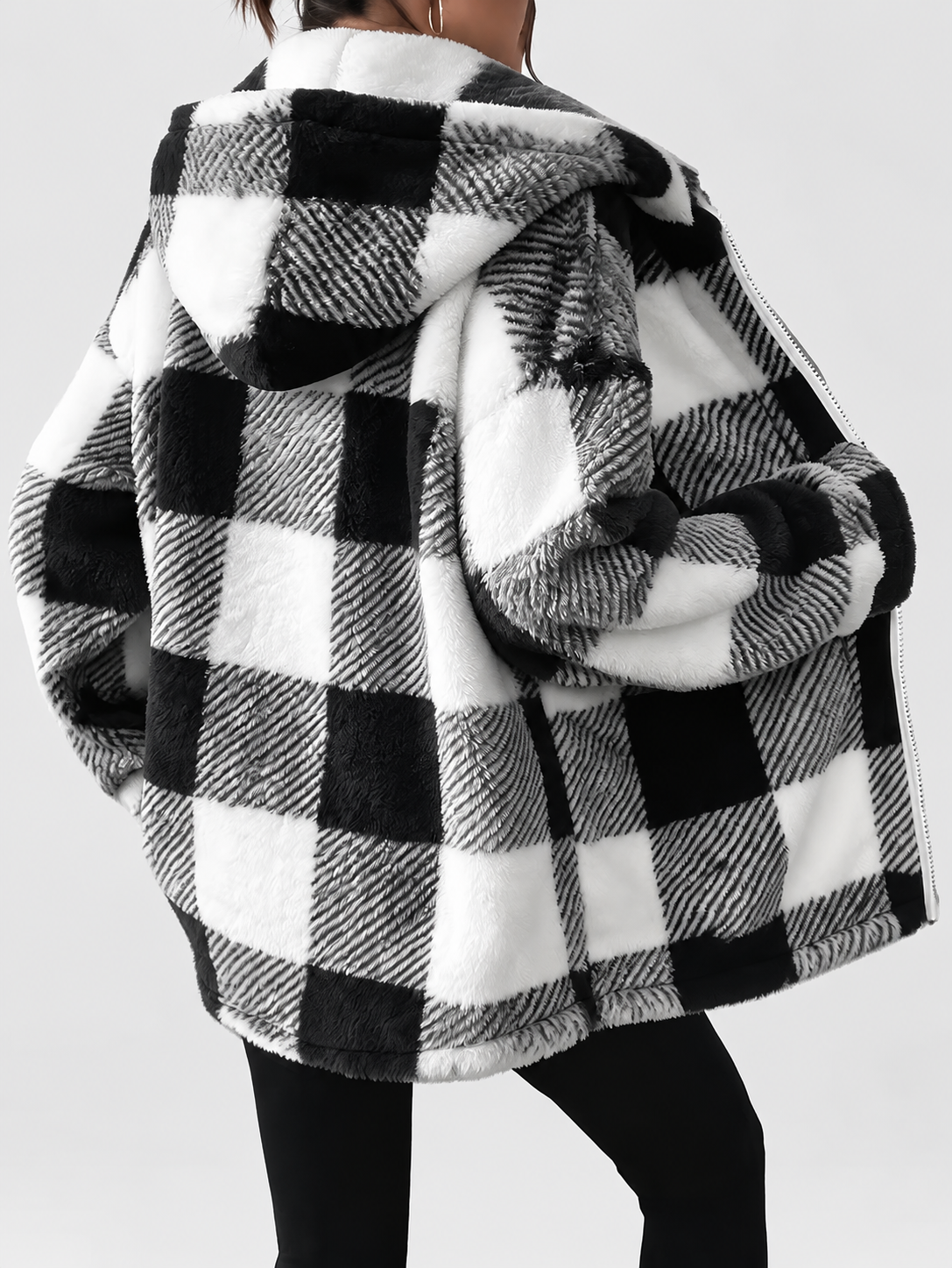 Women's Checked Teddy Fleece Hooded Jacket with Zip Front in Black – Back View