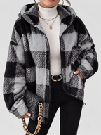 Women's Checked Teddy Fleece Hooded Jacket with Zip Front in Dark Grey – Front View