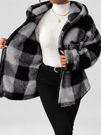 Women's Checked Teddy Fleece Hooded Jacket with Zip Front in Dark Grey – Front View 2
