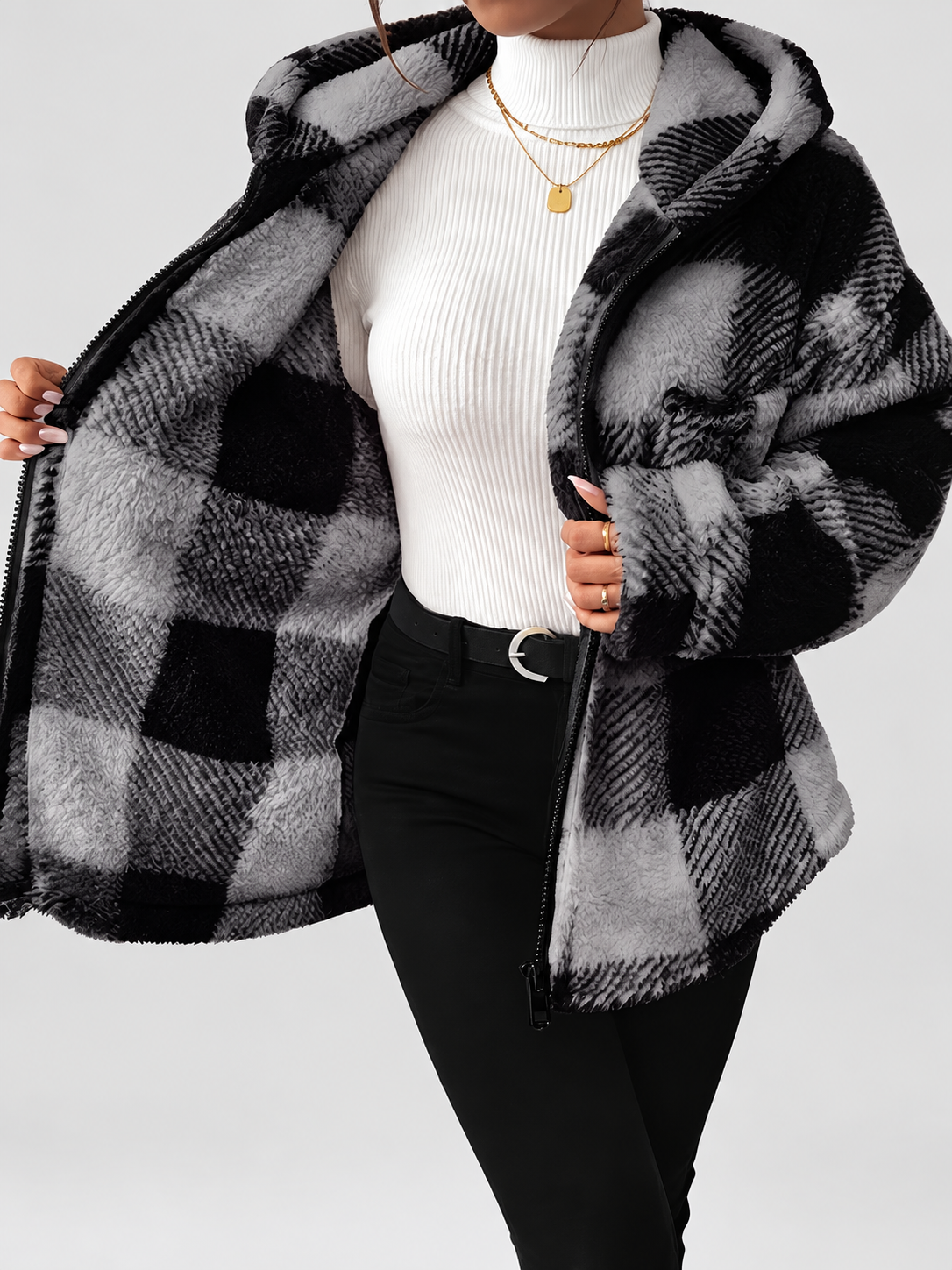 Women's Checked Teddy Fleece Hooded Jacket with Zip Front in Dark Grey – Front View 2