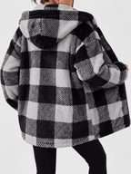 Women's Checked Teddy Fleece Hooded Jacket with Zip Front in Dark Grey – Back View