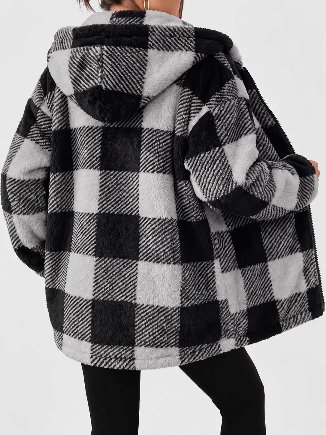 Women's Checked Teddy Fleece Hooded Jacket with Zip Front in Dark Grey – Back View