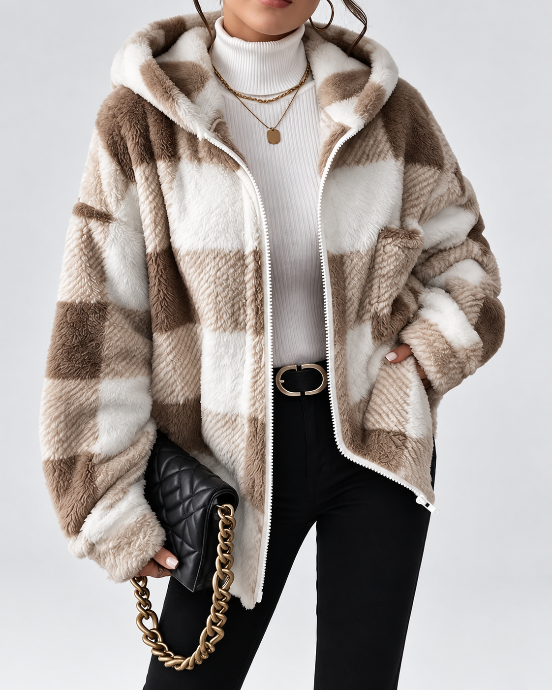Women's Checked Teddy Fleece Hooded Jacket with Zip Front in Khaki – Front View