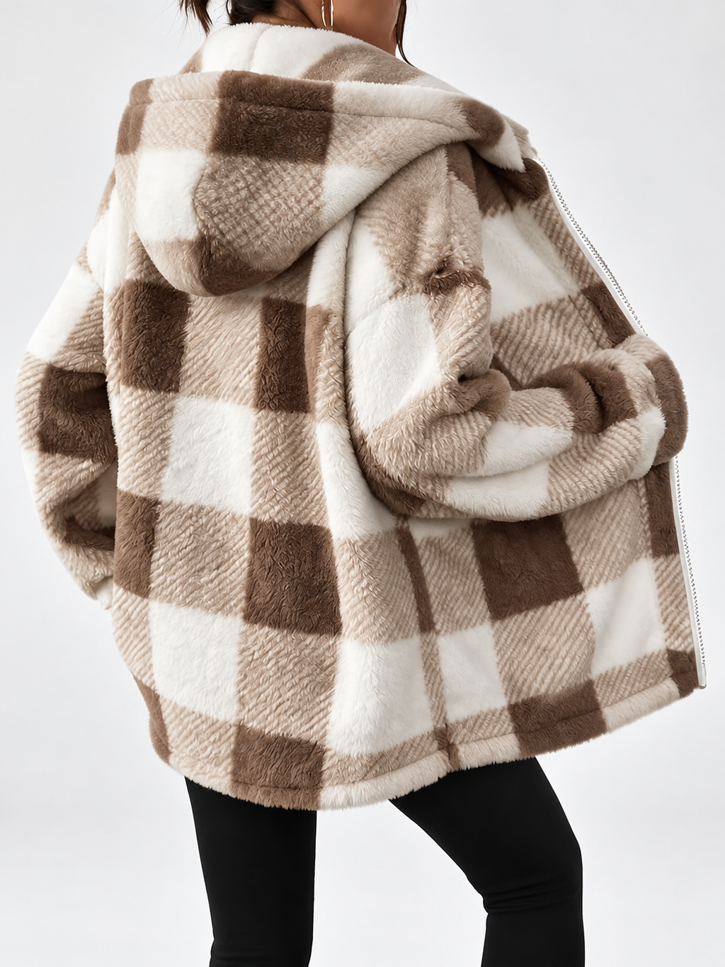 Women's Checked Teddy Fleece Hooded Jacket with Zip Front in Khaki – Back View