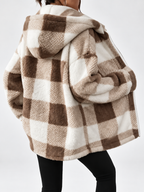 Women's Checked Teddy Fleece Hooded Jacket with Zip Front in Khaki – Back View