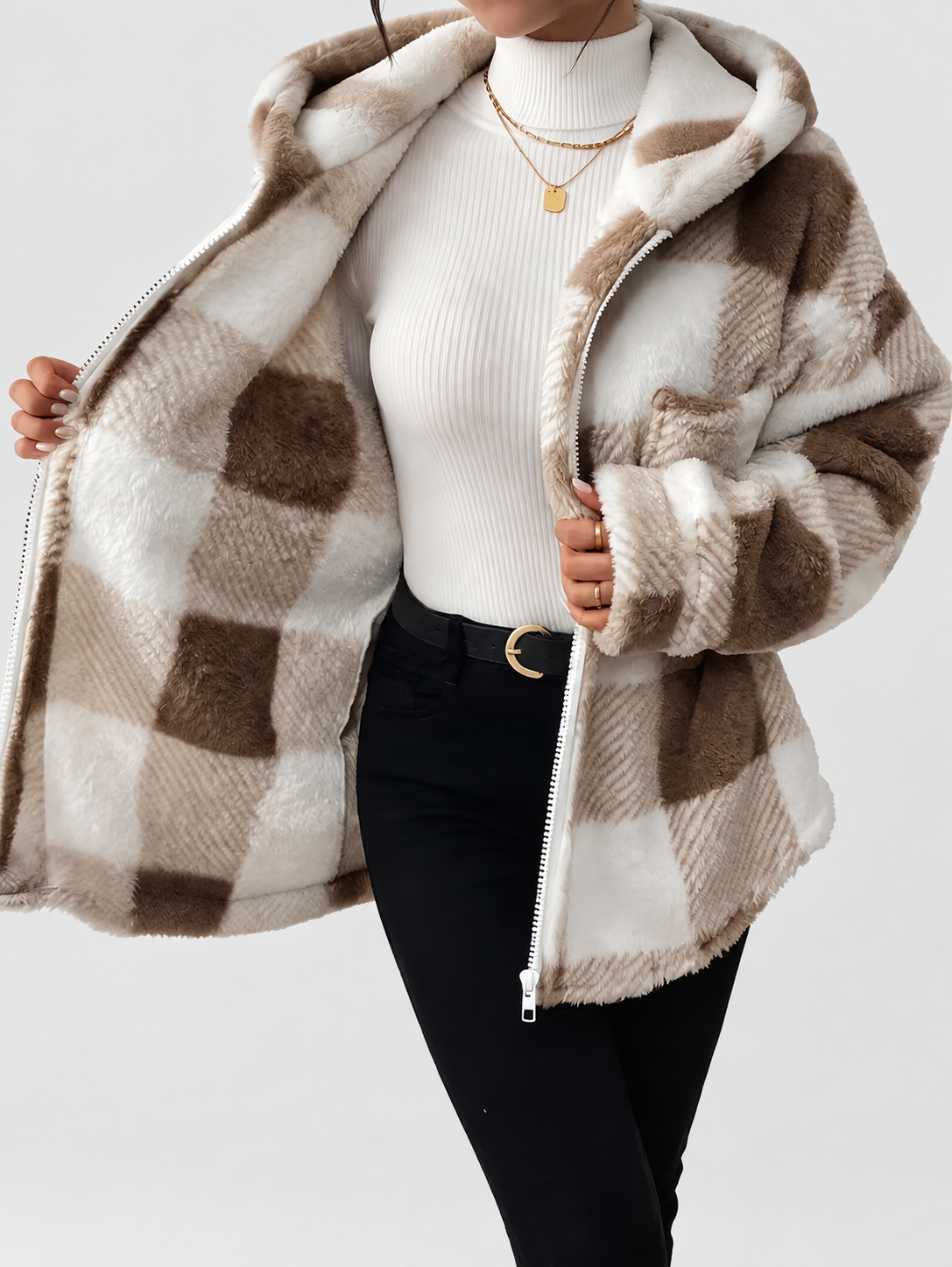 Women's Checked Teddy Fleece Hooded Jacket with Zip Front in Khaki – Front View 3