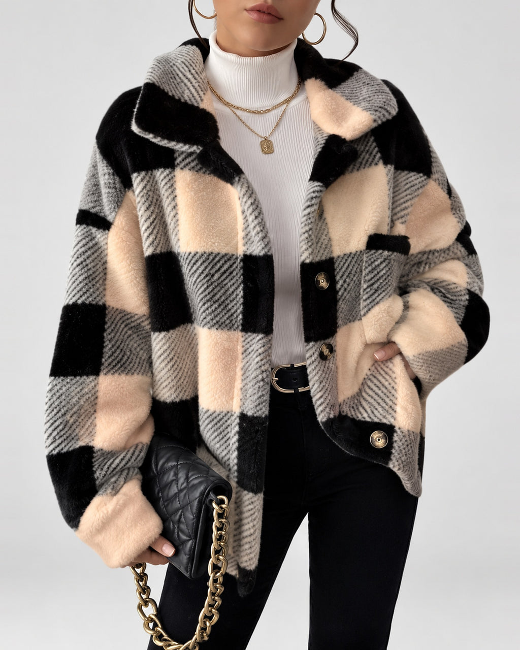 Women's Checked Textured Shacket with Button Front and Spread Collar in Apricot – studio view