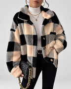 Women's Checked Textured Shacket with Button Front and Spread Collar in Apricot – studio view