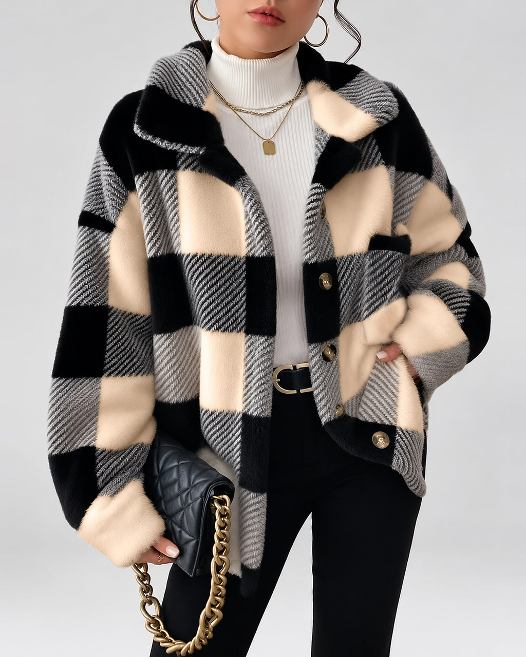 Women's Checked Textured Shacket with Button Front and Spread Collar in Apricot – studio view