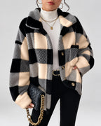Women's Checked Textured Shacket with Button Front and Spread Collar in Apricot – studio view