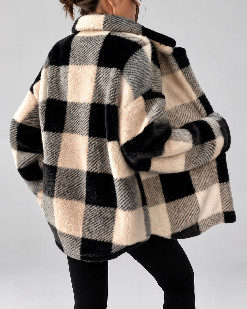 Women's Checked Textured Shacket with Button Front and Spread Collar in Apricot – studio view