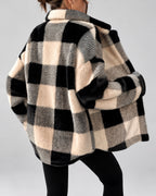 Women's Checked Textured Shacket with Button Front and Spread Collar in Apricot – studio view