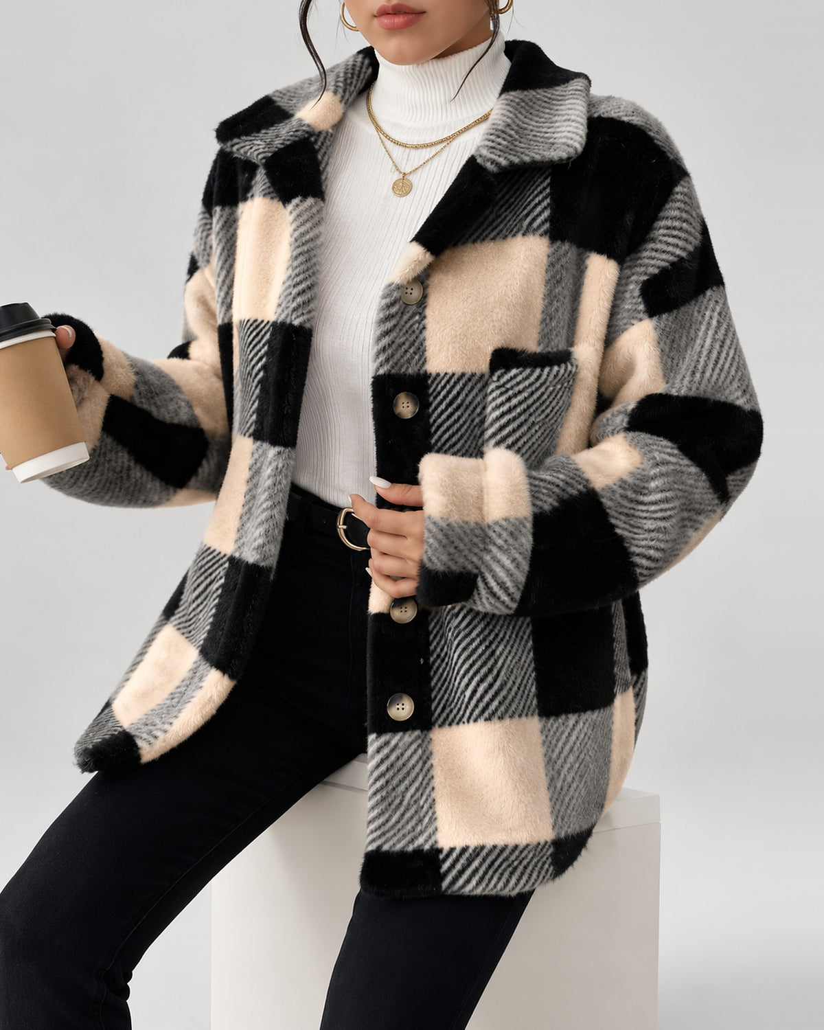 Women's Checked Textured Shacket with Button Front and Spread Collar in Apricot – studio view
