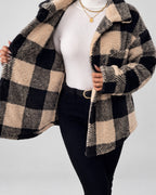 Women's Checked Textured Shacket with Button Front and Spread Collar in Apricot – studio view