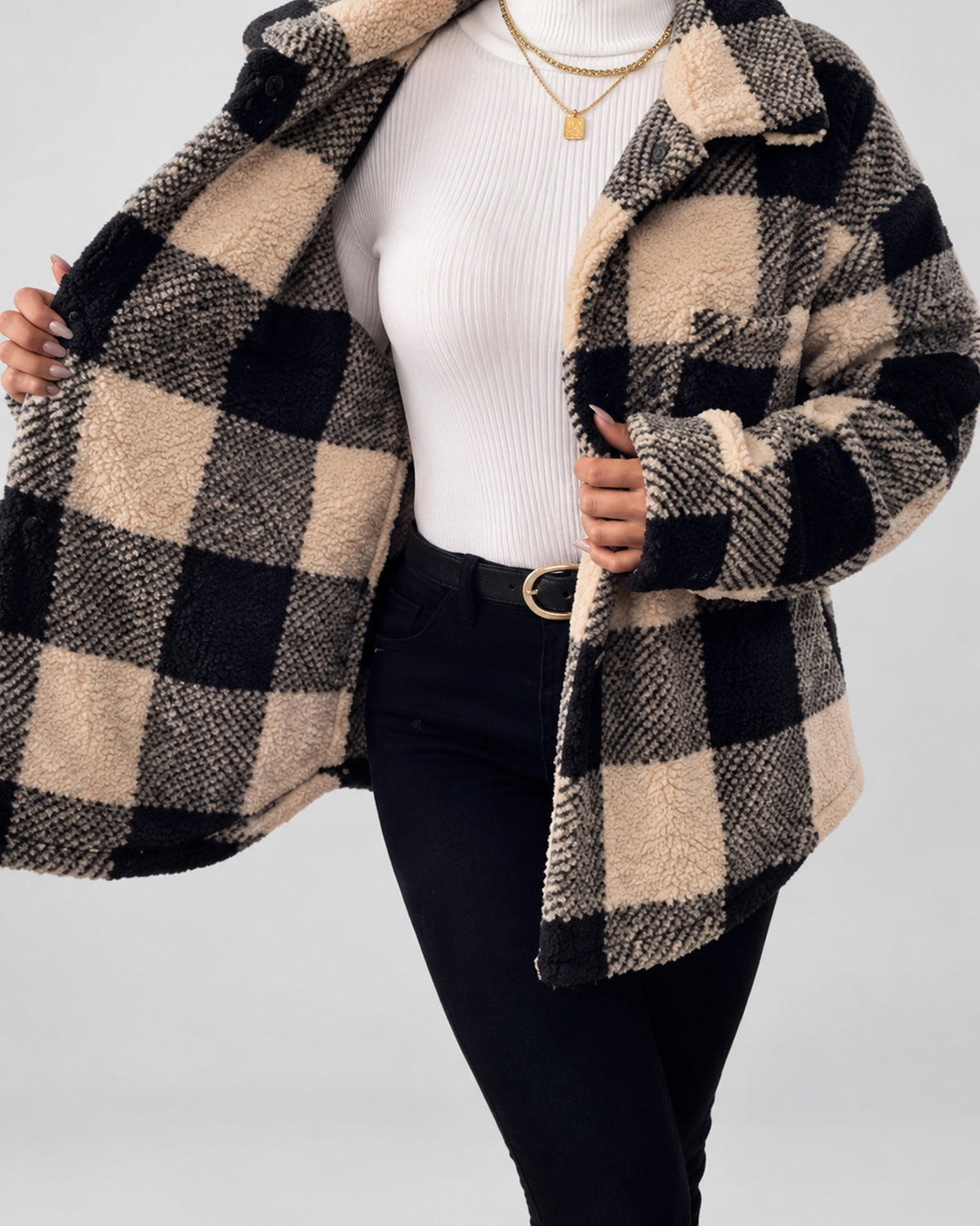 Women's Checked Textured Shacket with Button Front and Spread Collar in Apricot – studio view