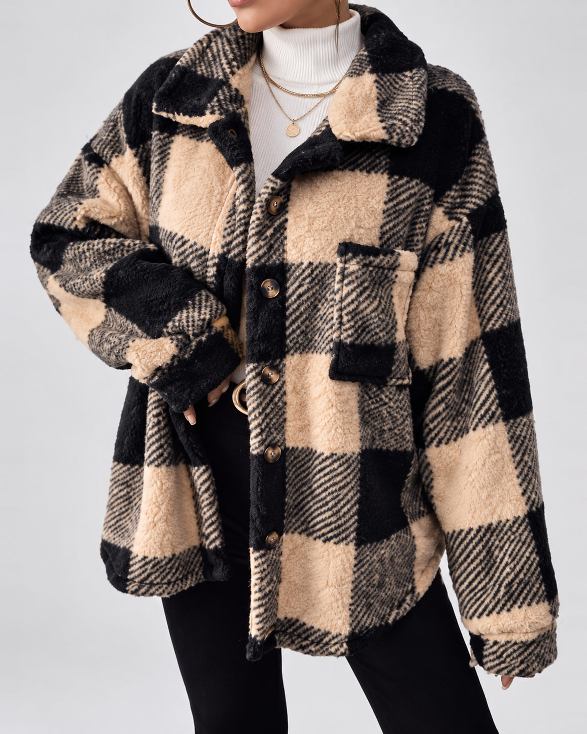 Women's Checked Textured Shacket with Button Front and Spread Collar in Apricot – studio view