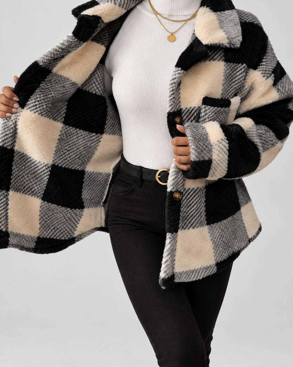 Women's Checked Textured Shacket with Button Front and Spread Collar in Apricot – studio view