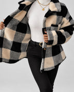 Women's Checked Textured Shacket with Button Front and Spread Collar in Apricot – studio view
