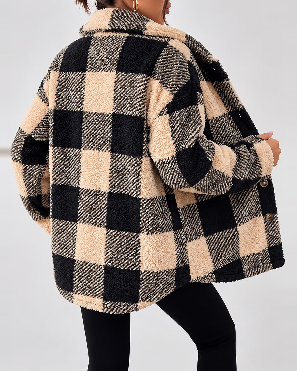 Women's Checked Textured Shacket with Button Front and Spread Collar in Apricot – studio view