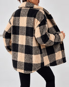 Women's Checked Textured Shacket with Button Front and Spread Collar in Apricot – studio view