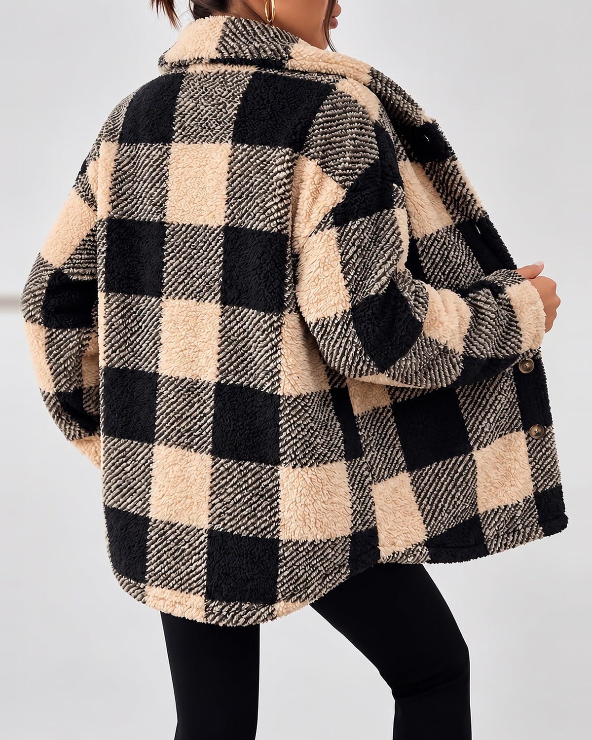 Women's Checked Textured Shacket with Button Front and Spread Collar in Apricot – studio view