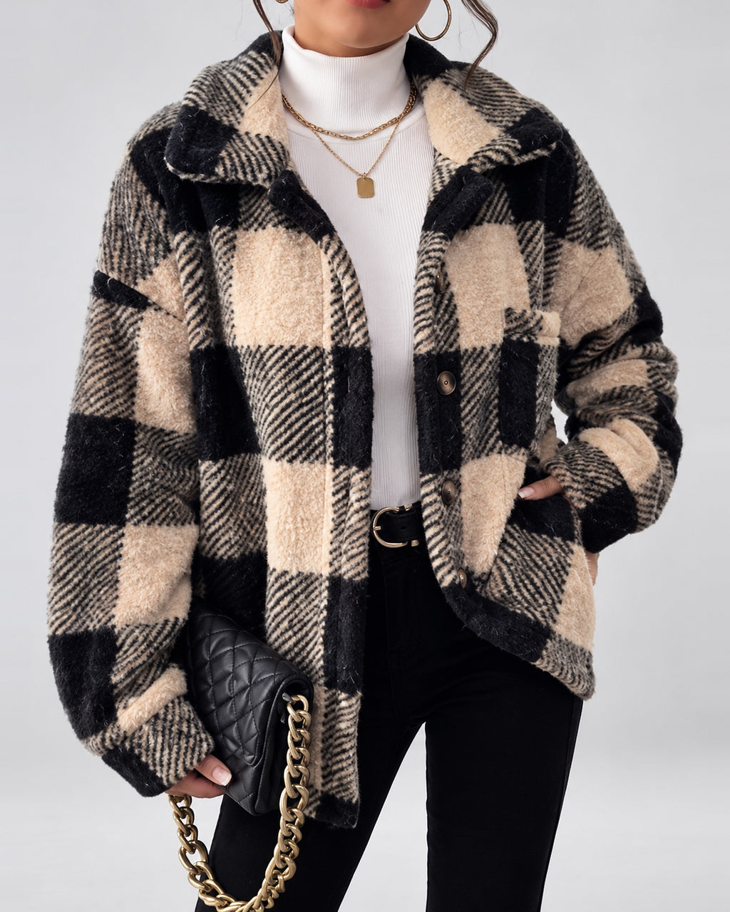 Women's Checked Textured Shacket with Button Front and Spread Collar in Apricot – studio view