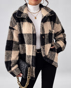 Women's Checked Textured Shacket with Button Front and Spread Collar in Apricot – studio view
