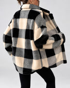 Women's Checked Textured Shacket with Button Front and Spread Collar in Apricot – studio view