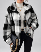 Women's Checked Textured Shacket with Button Front and Spread Collar in Black – studio view