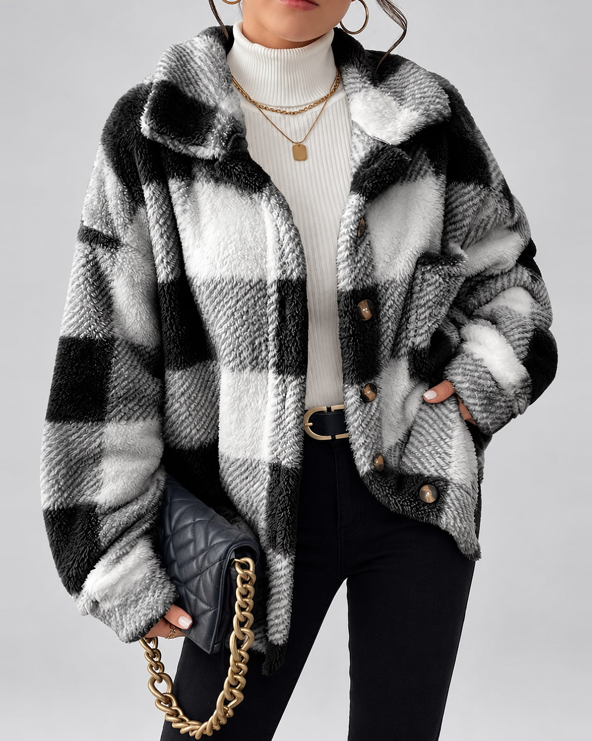 Women's Checked Textured Shacket with Button Front and Spread Collar in Black – studio view