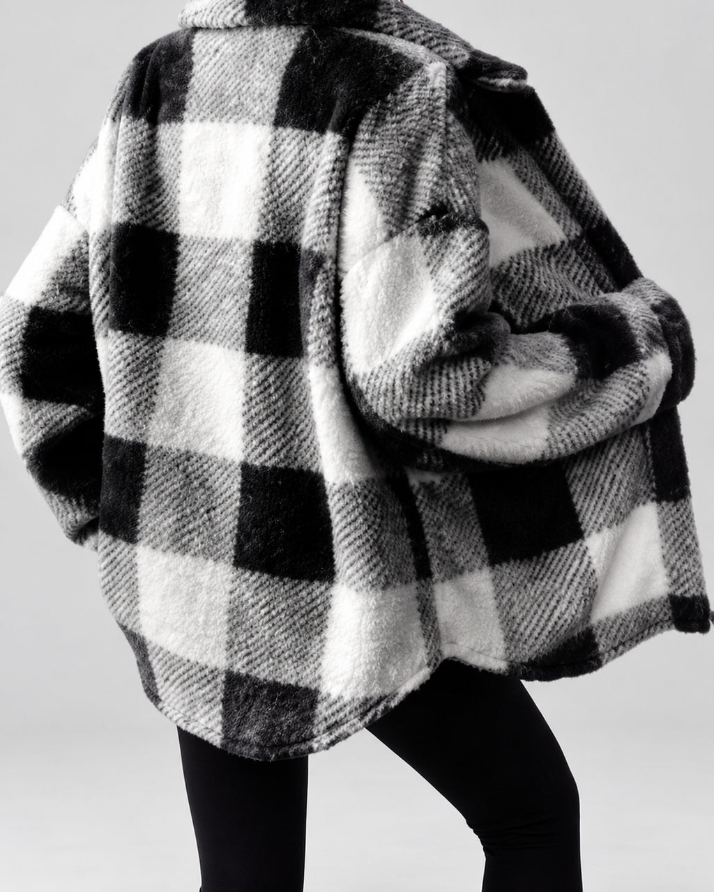 Women's Checked Textured Shacket with Button Front and Spread Collar in Black – studio view