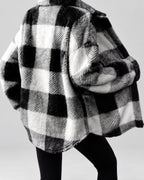 Women's Checked Textured Shacket with Button Front and Spread Collar in Black – studio view