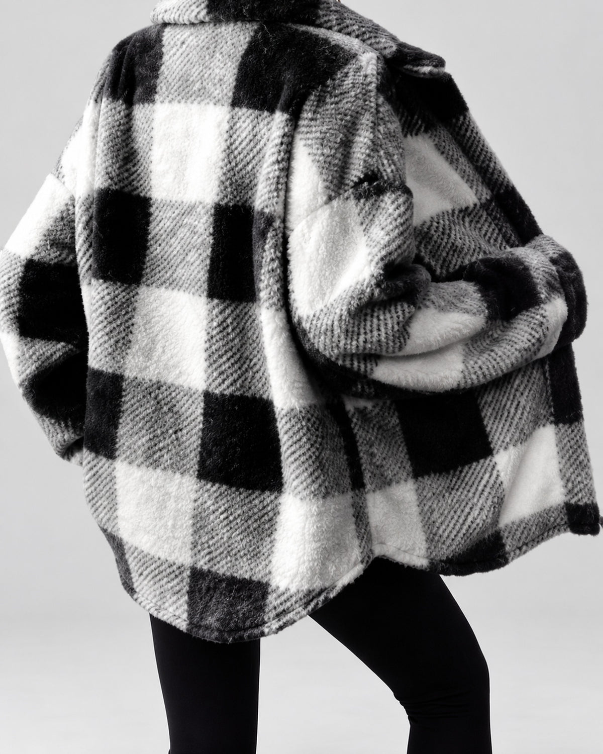 Women's Checked Textured Shacket with Button Front and Spread Collar in Black – studio view