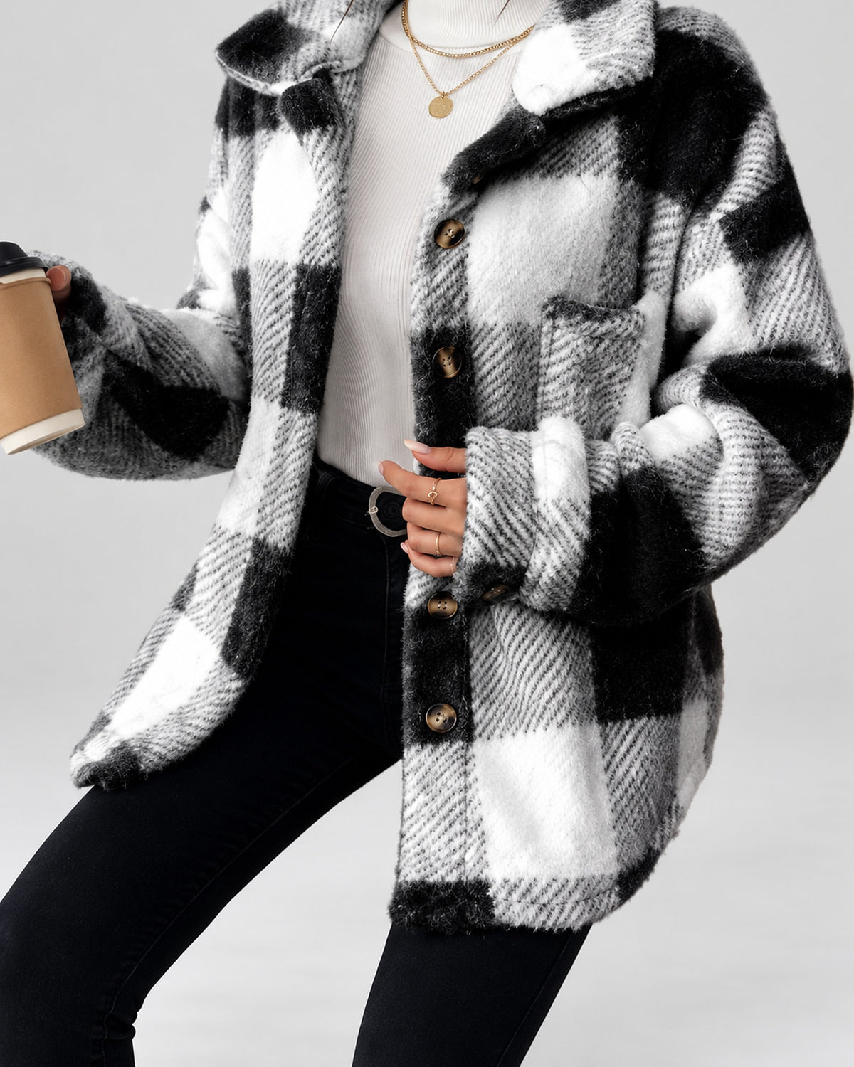 Women's Checked Textured Shacket with Button Front and Spread Collar in Black – studio view