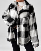 Women's Checked Textured Shacket with Button Front and Spread Collar in Black – studio view