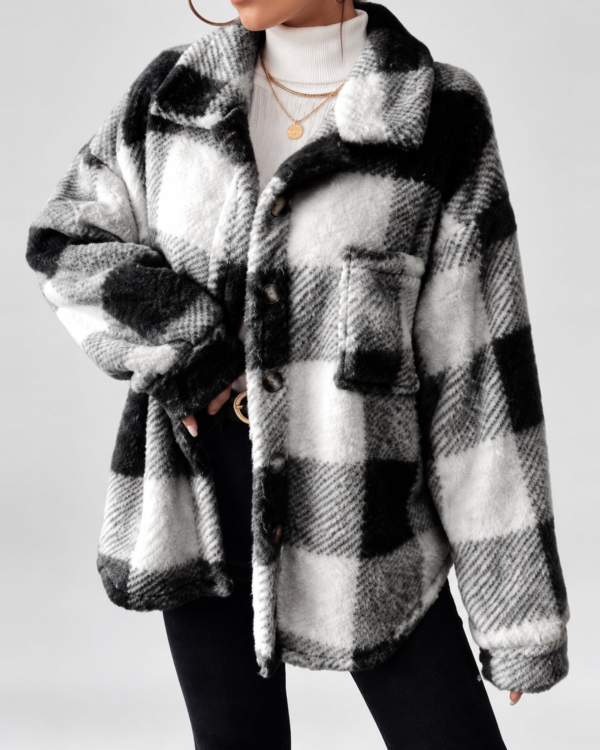 Women's Checked Textured Shacket with Button Front and Spread Collar in Black – studio view