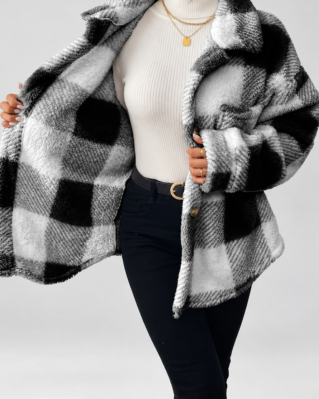 Women's Checked Textured Shacket with Button Front and Spread Collar in Black – studio view